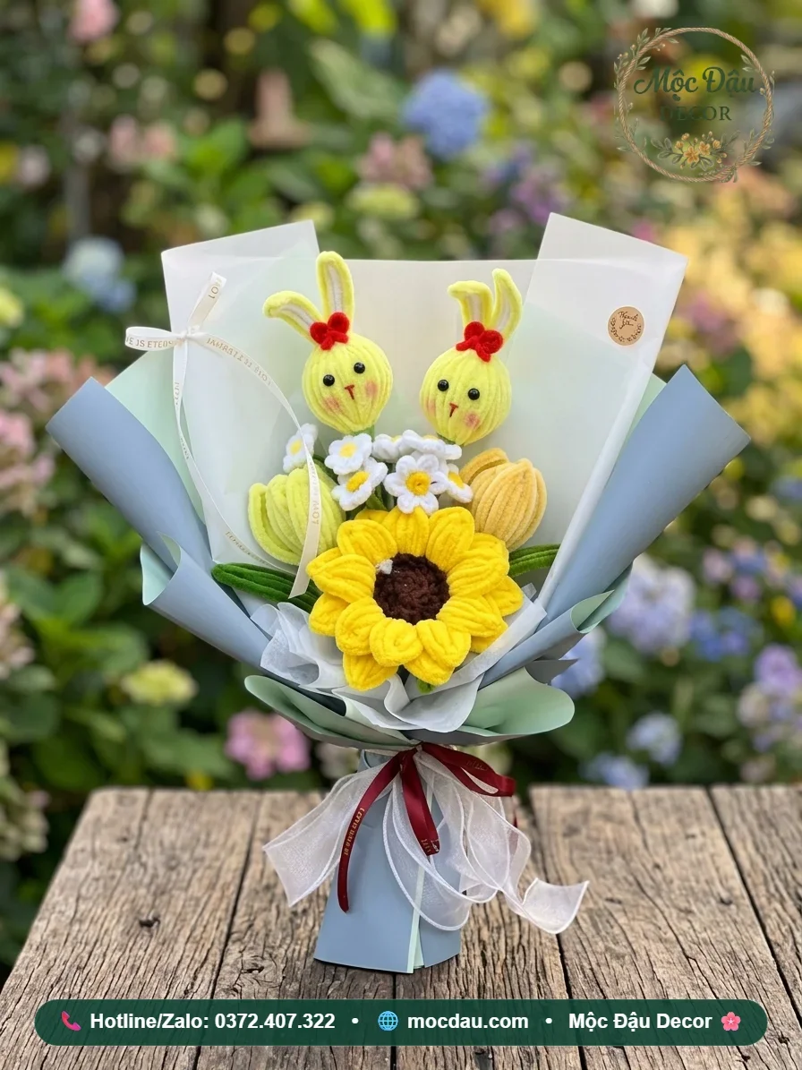 Bó hoa hướng dương kèm đầu thỏ vàng