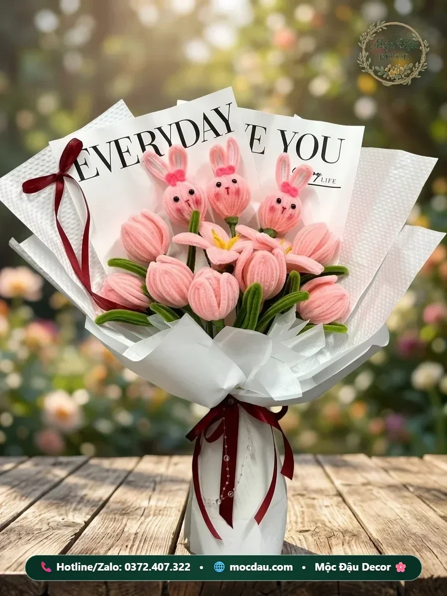 Bó hoa tulip hồng mix thỏ hồng